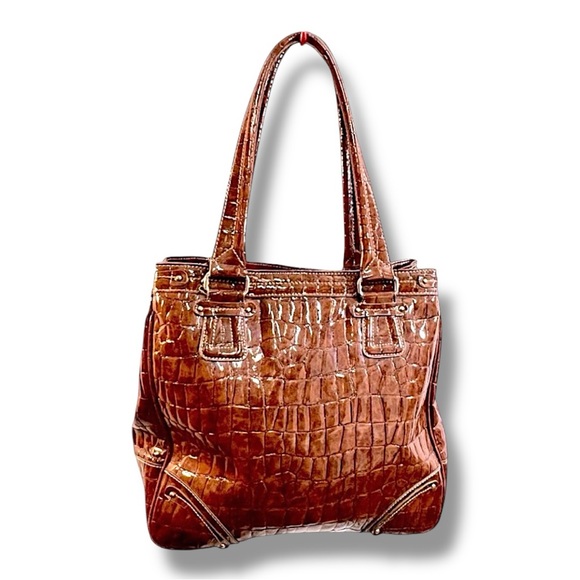 LIZ CLAIBORNE VINTAGE 1990s Faux Patent and Croc Brown Tote or Shoulder Bag - Picture 1 of 8